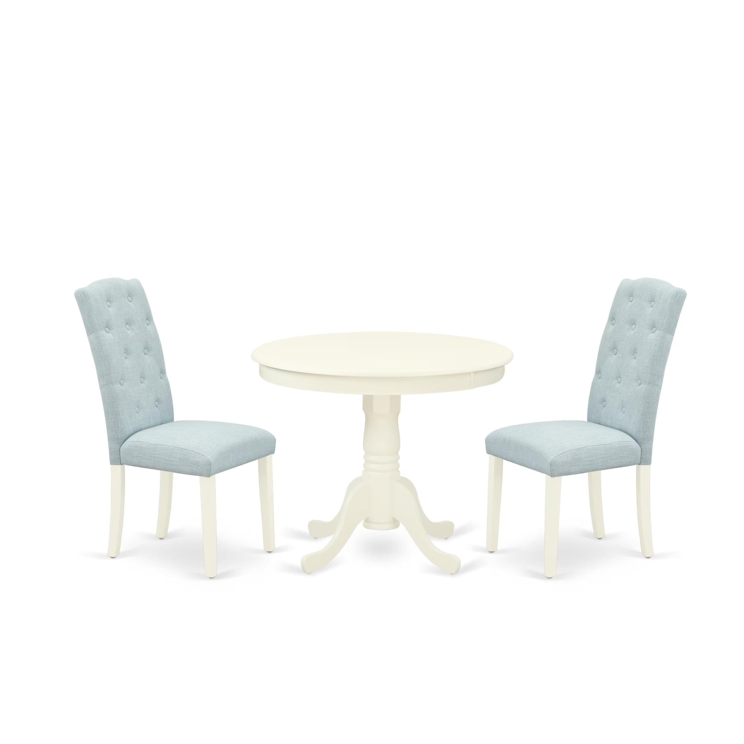 East West Furniture Ance3-Lwh-15 3 Piece Modern Dining Table Set Contains A Round Kitchen Table With Pedestal And 2 Baby Blue Linen Fabric Parsons Dining Chairs, 36X36 Inch, Linen White